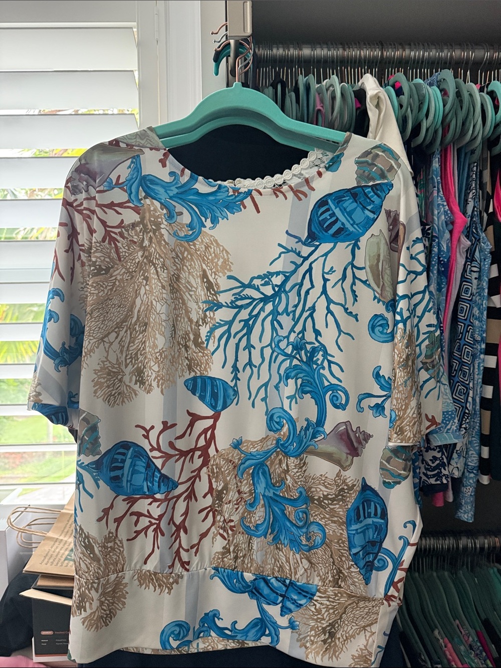 Boston Proper Cream Top with Blue and Brown Coral & Shell Print